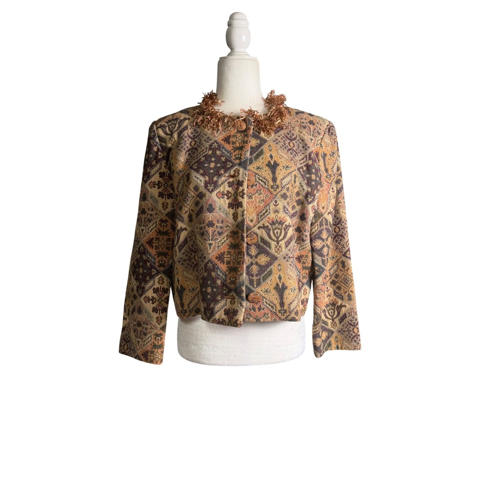Vintage Tapestry Jacket Handmade Boho Carpet Print Fringe Trim S/M